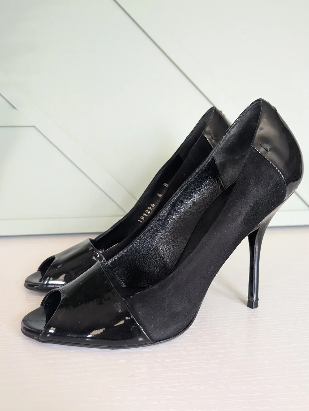 Gucci Black Patent & Suede Peep-Toe Stiletto Pumps